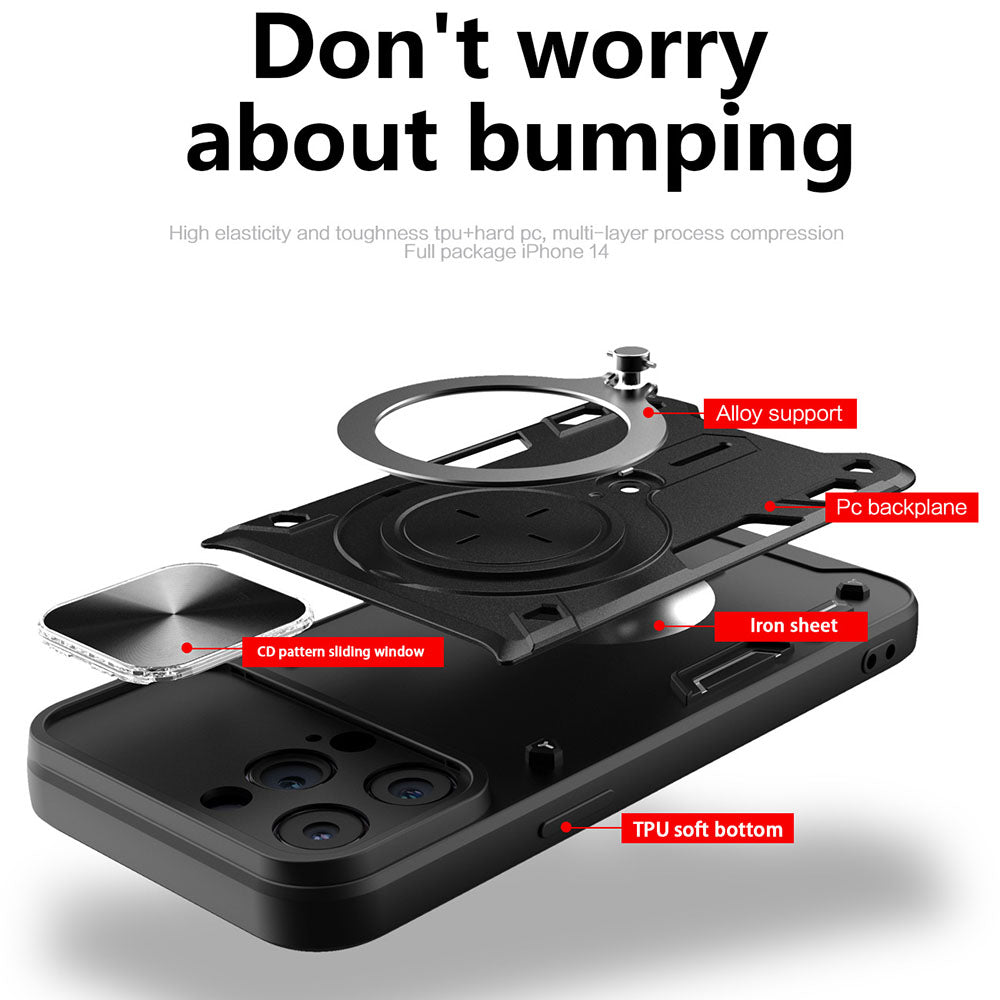 Mecha Lens Protective Cover Magnetic Metal Swivel Bracket Anti-Shatter Phone Case For iPhone