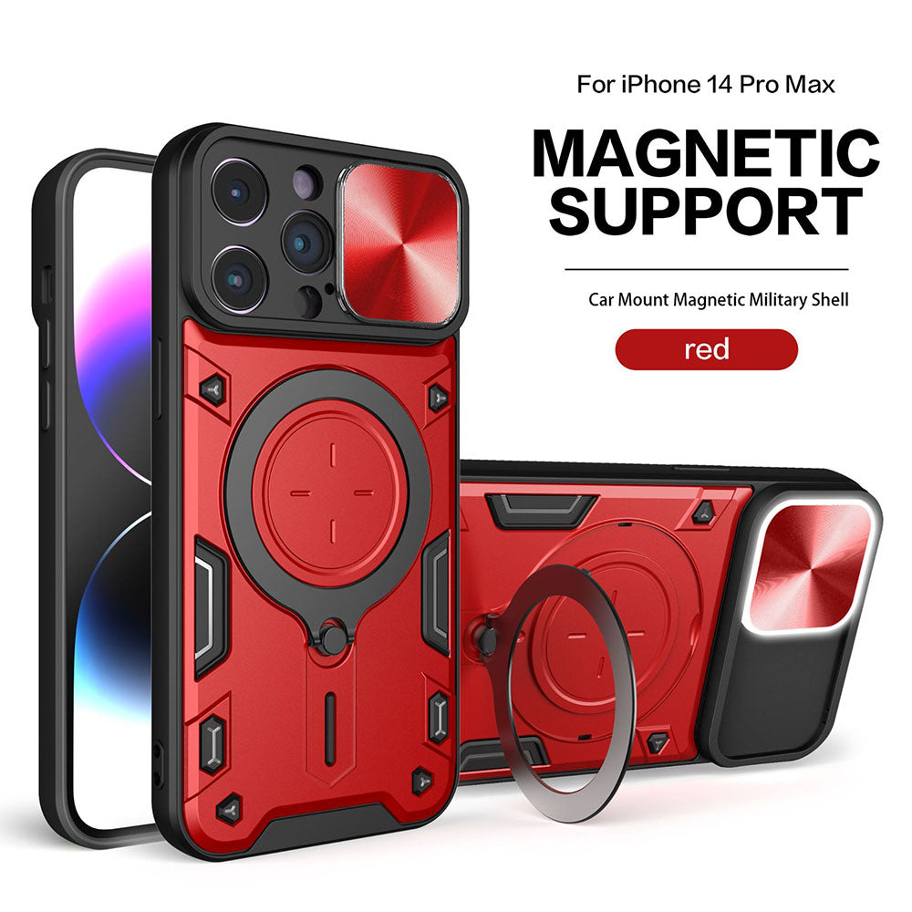 Mecha Lens Protective Cover Magnetic Metal Swivel Bracket Anti-Shatter Phone Case For iPhone