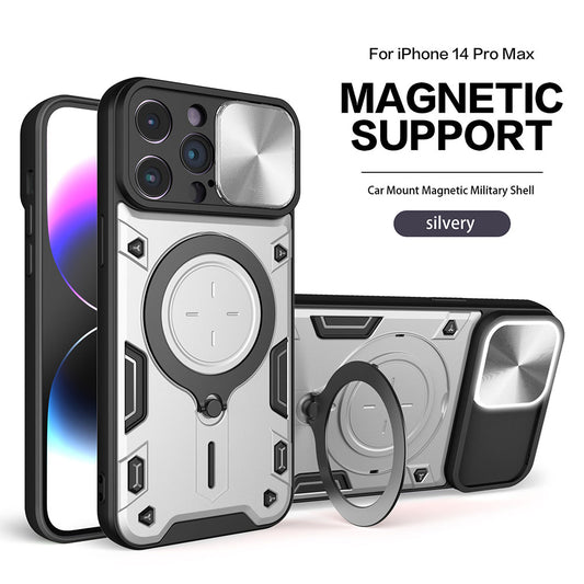 Mecha Lens Protective Cover Magnetic Metal Swivel Bracket Anti-Shatter Phone Case For iPhone