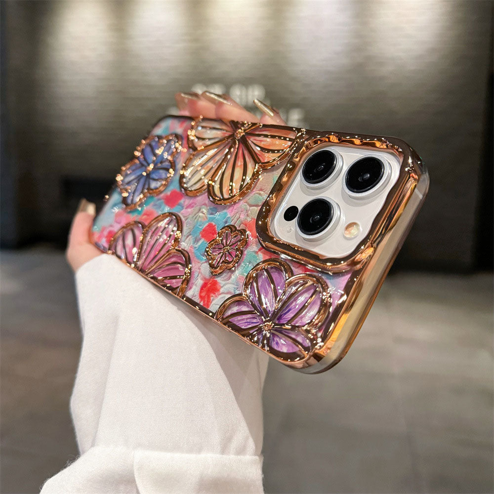 Newest Electroplated Oil Painting Flower Phone Case For iPhone