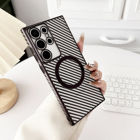 Newest Electroplating Transparent Carbon Fiber Pattern Magnetic Phone Case For Samsung Galaxy