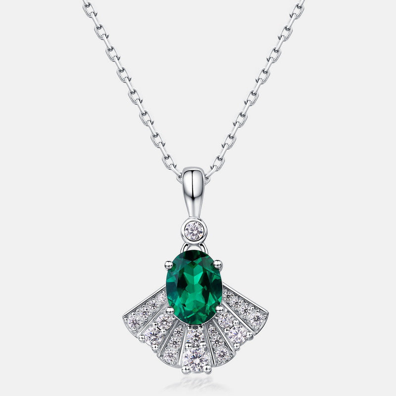 Emerald and Zirconia Fan-Shaped Pendant Necklace S925 Silver 1.12 Carats Total