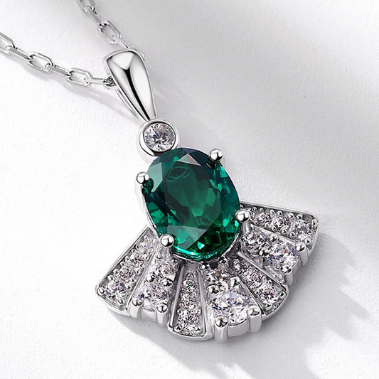 Emerald and Zirconia Fan-Shaped Pendant Necklace S925 Silver 1.12 Carats Total