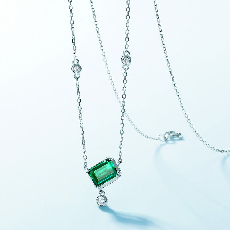 Square Emerald Gemstone Necklace S925 Silver 1.36 Carats Total
