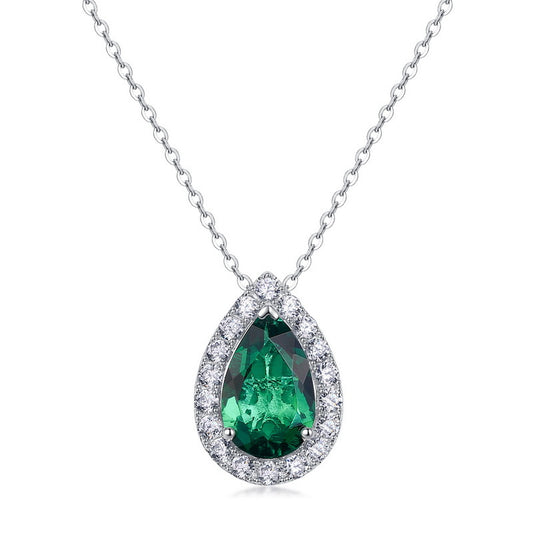 Teardrop Shaped Gemstone Emerald and Zirconia Necklace S925 Silver 1.73 Carats Total