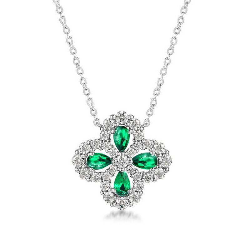 Four Leaf Clover Gemstone Emerald and Zirconia Necklace S925 Silver 1 Carats Total