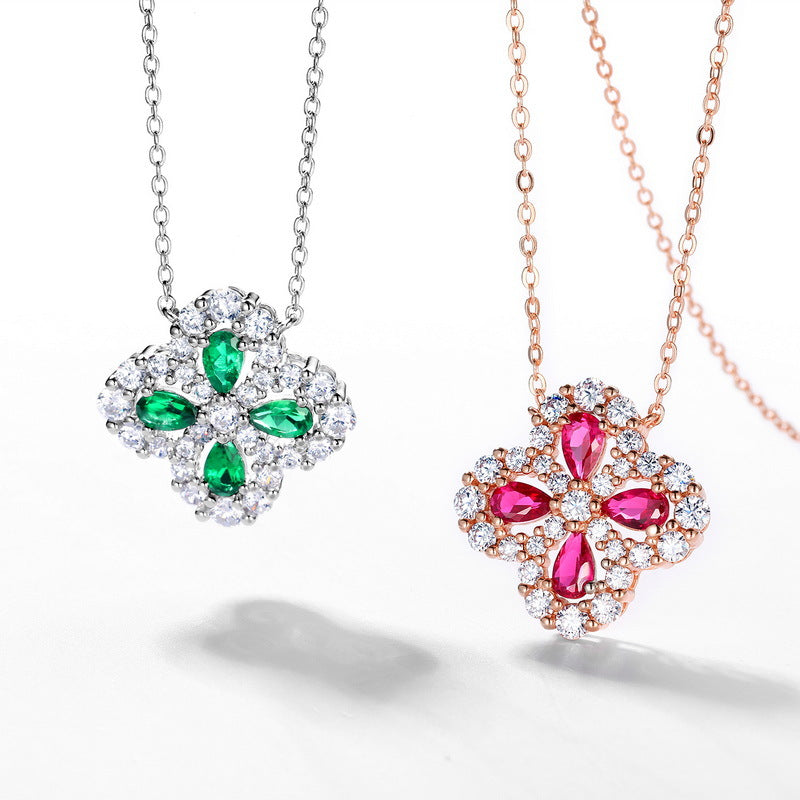 Four Leaf Clover Gemstone Emerald and Zirconia Necklace S925 Silver 1 Carats Total