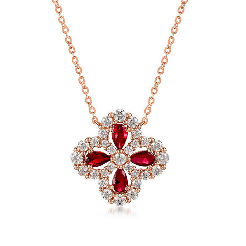 Four Leaf Clover Gemstone Emerald and Zirconia Necklace S925 Silver 1 Carats Total