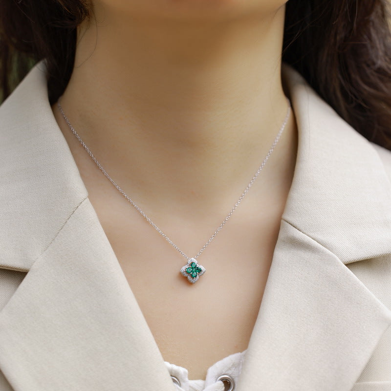 Four Leaf Clover Gemstone and Zirconia Necklace S925 Silver 1.5 Carats Total