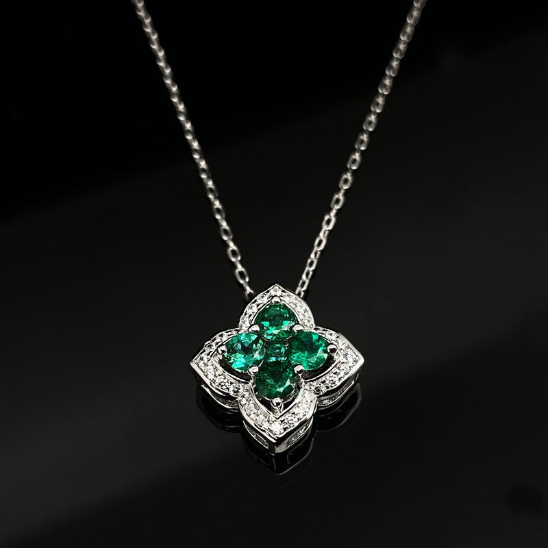 Four Leaf Clover Gemstone and Zirconia Necklace S925 Silver 1.5 Carats Total