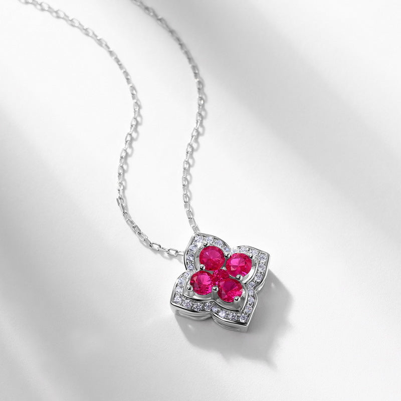 Four Leaf Clover Gemstone and Zirconia Necklace S925 Silver 1.5 Carats Total