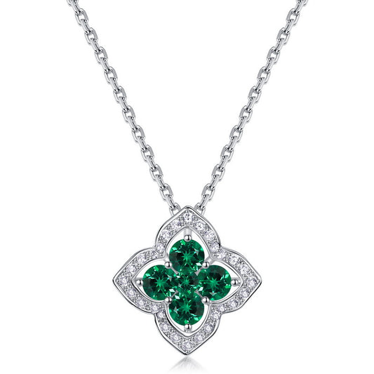 Four Leaf Clover Gemstone and Zirconia Necklace S925 Silver 1.5 Carats Total