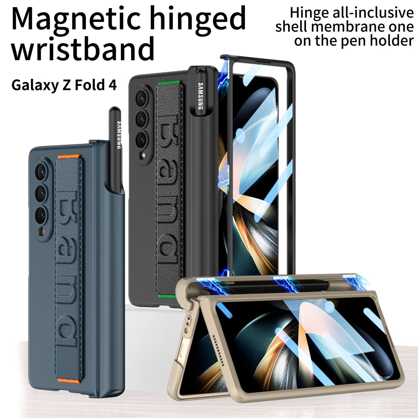 Magnetic Hinge S Pen Slot Luxury Wristband Holder Phone Case For Samsung Galaxy Z Fold4 Fold3 5G Case With Back Screen Glass Protector Samsung Cases