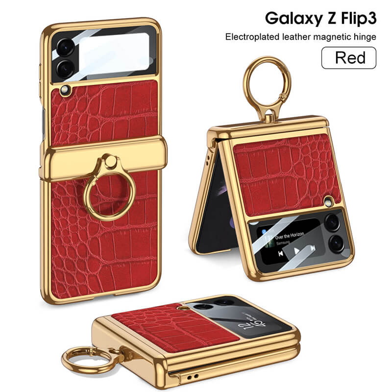 Golden Frame Leather Magnetic Hinge Ring Holder Case For Samsung Galaxy Z Flip3(4) Samsung Cases