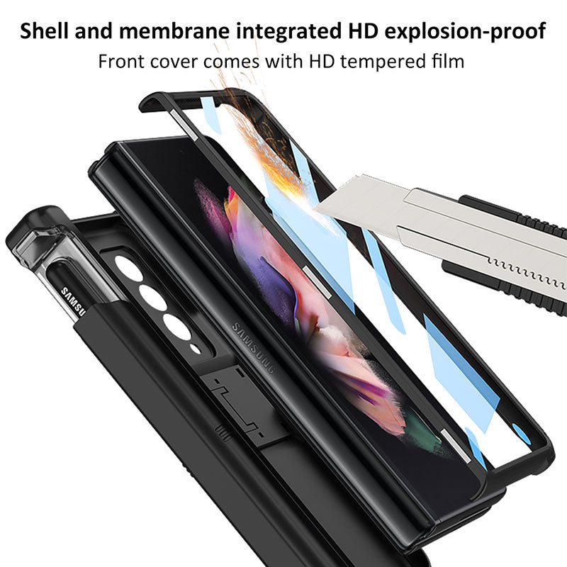 Magnetic Armor All-included Slide Pen Case With Back Screen Glass Hinge Holder Phone Cover For Samsung Galaxy Z Fold 3 5G Samsung Galaxy Z Fold 3 Case