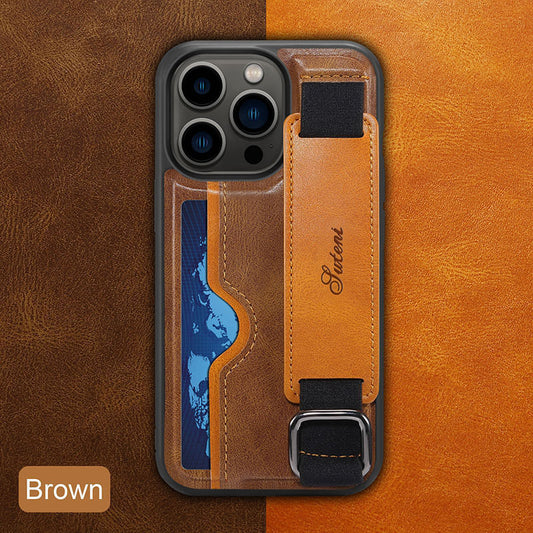 Newest Card Clip Wrist Strap Holder Leather Phone Case For iPhone