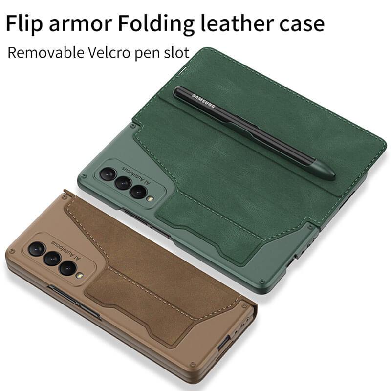 Newest Leather Pen Holder Armor Back Case For Samsung Galaxy Z Fold4 Fold3 5G Samsung Cases