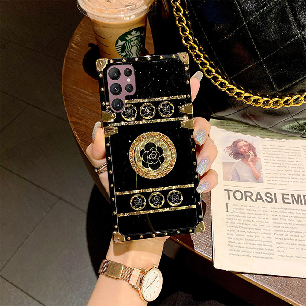 Newest Luxury Brand Black Rose Flower Stripe Glitter Gold Square For S23Ultra