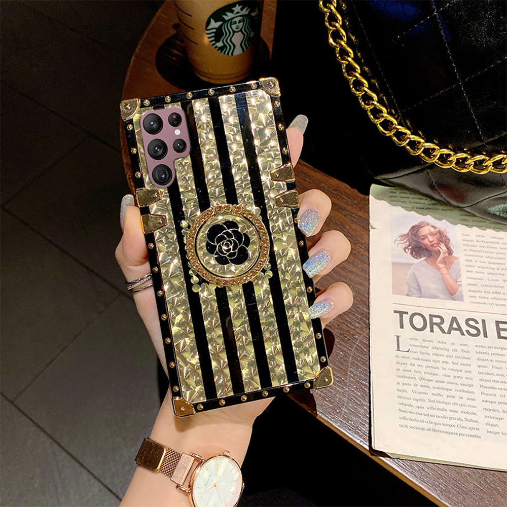 Newest Luxury Brand Black Rose Flower Stripe Glitter Gold Square For S23Ultra