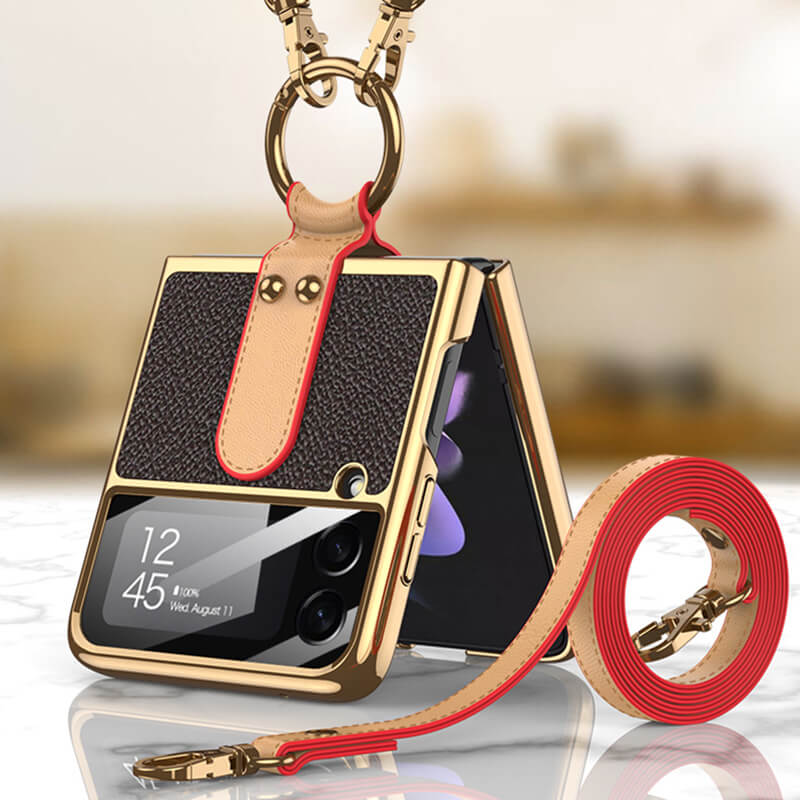 Original Leather Back Screen Tempered Glass Hard Frame Cover For Samsung Z Flip 3 5G With Lanyard Samsung Galaxy Z Flip 3 Case