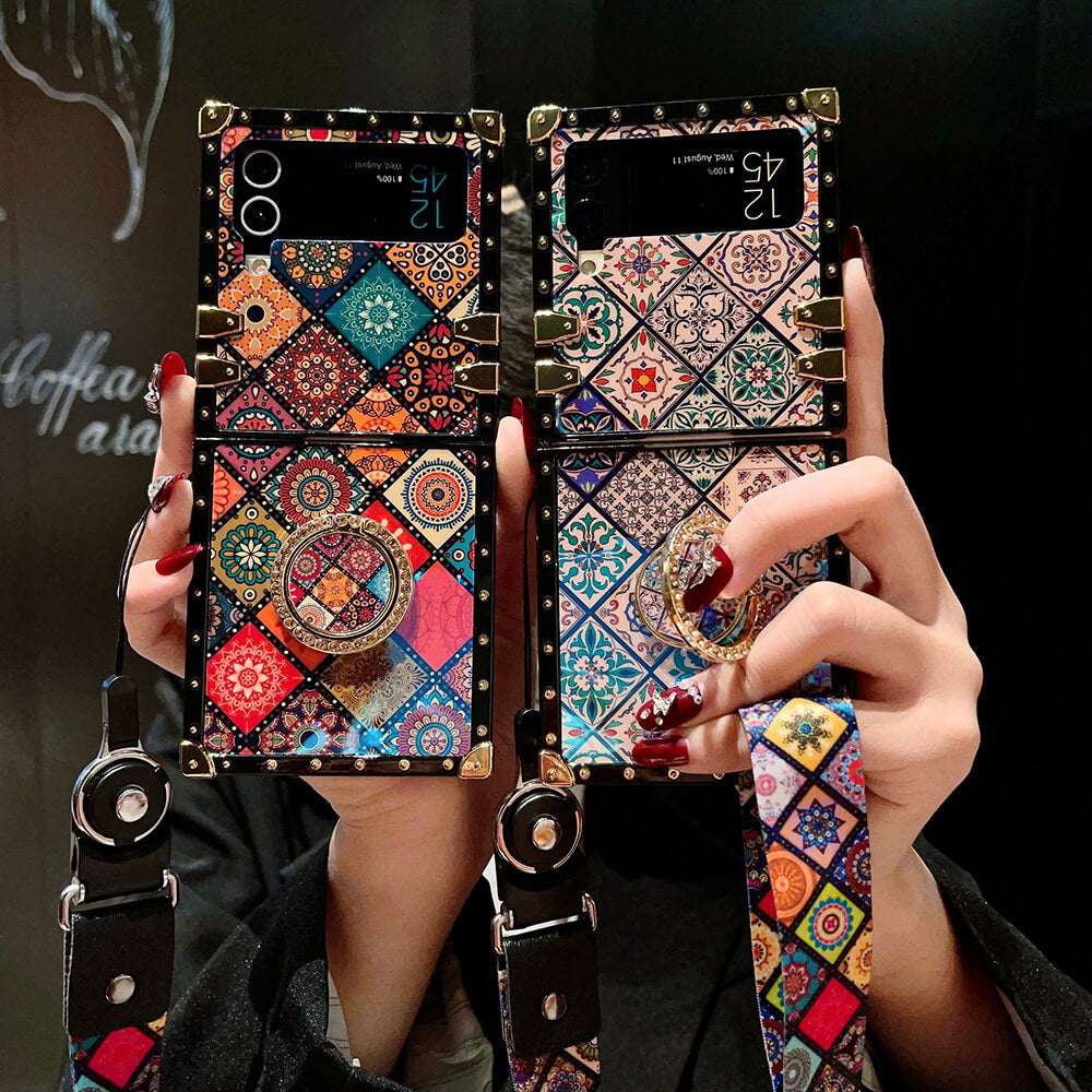 Retro Boho Style Ring Case With Lanyard for Samsung Galaxy Z Flip3 Flip4 5G Samsung Cases