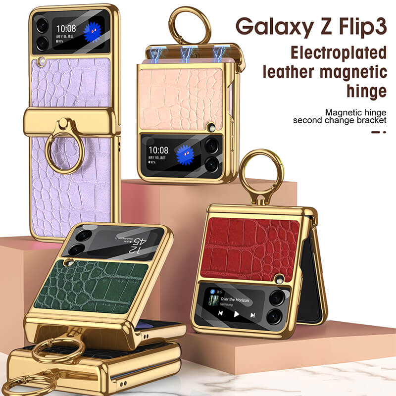 Golden Frame Leather Magnetic Hinge Ring Holder Case For Samsung Galaxy Z Flip3(4) Samsung Cases