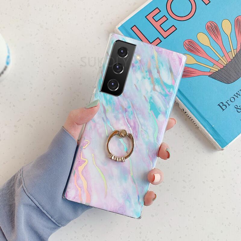 Laser Marble Pattern Ring Holder Protective Cover For Samsung S22 S21 S20 S10 Note20 Note10 A72 A52 A42 A32 Samsung Cases