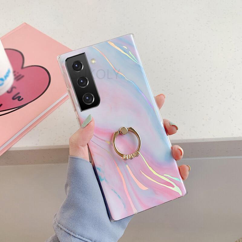 Laser Marble Pattern Ring Holder Protective Cover For Samsung S22 S21 S20 S10 Note20 Note10 A72 A52 A42 A32 Samsung Cases