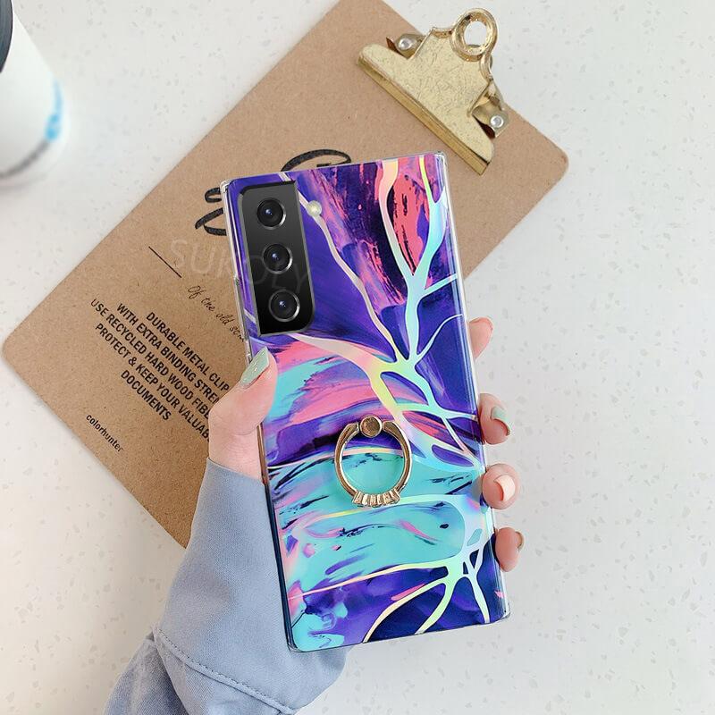 Laser Marble Pattern Ring Holder Protective Cover For Samsung S22 S21 S20 S10 Note20 Note10 A72 A52 A42 A32 Samsung Cases