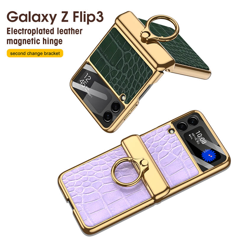 Golden Frame Leather Magnetic Hinge Ring Holder Case For Samsung Galaxy Z Flip3(4) Samsung Cases