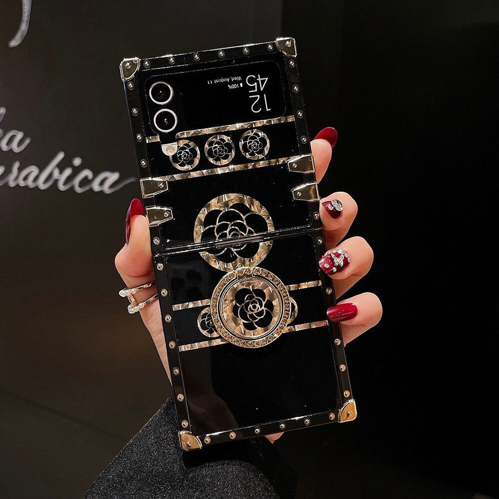 Luxury Brand Black Rose Flower Stripe Glitter Gold Lanyard for Samsung Galaxy Z Flip4 Flip3 Samsung Cases