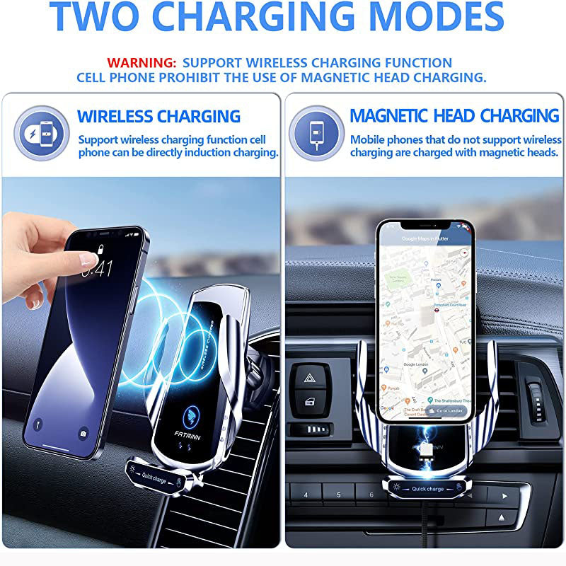 Wireless Car Charger Mount 15W Qi Fast Charging Auto Clamping Air Vent Cell Phone Holder Bracket Compatible with All Apple iPhone Android Smartphone Telephony