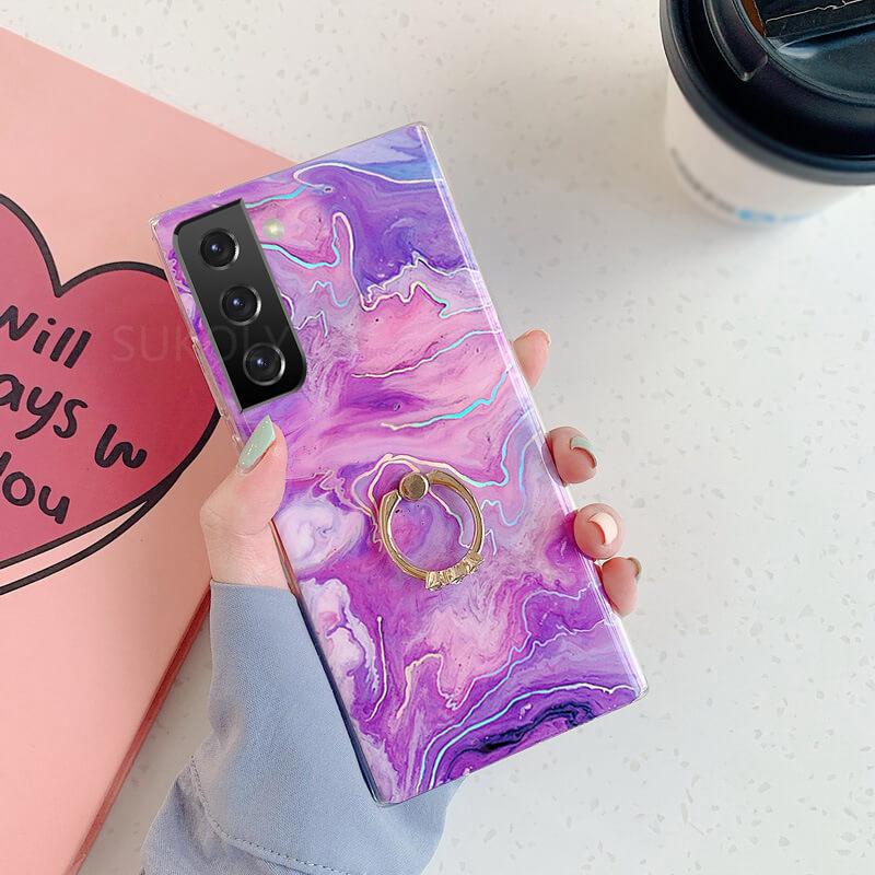 Laser Marble Pattern Ring Holder Protective Cover For Samsung S22 S21 S20 S10 Note20 Note10 A72 A52 A42 A32 Samsung Cases