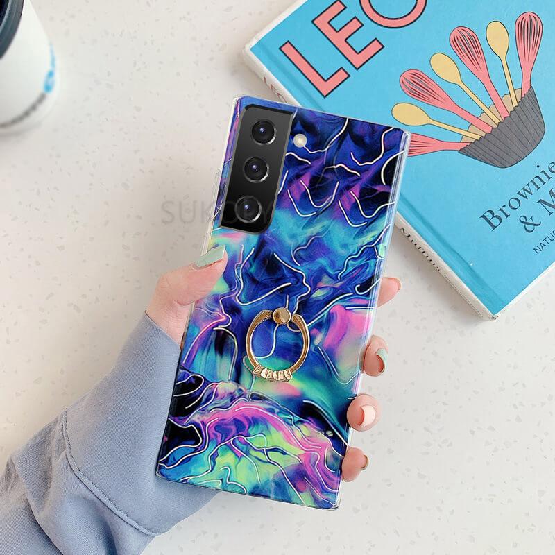 Laser Marble Pattern Ring Holder Protective Cover For Samsung S22 S21 S20 S10 Note20 Note10 A72 A52 A42 A32 Samsung Cases