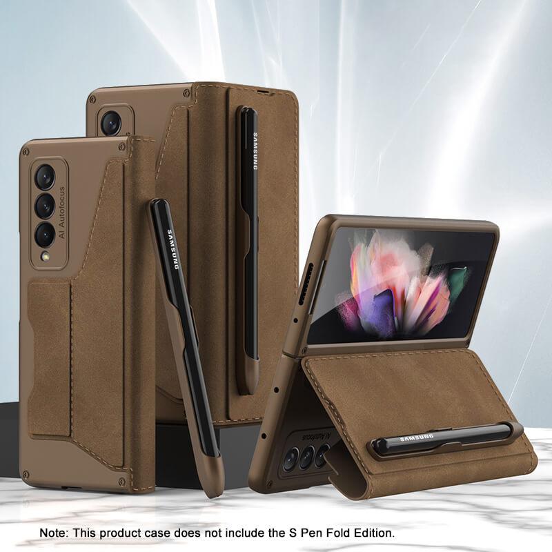 Newest Leather Pen Holder Armor Back Case For Samsung Galaxy Z Fold4 Fold3 5G Samsung Cases