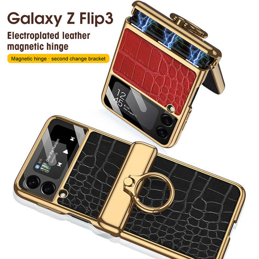 Golden Frame Leather Magnetic Hinge Ring Holder Case For Samsung Galaxy Z Flip3(4) Samsung Cases