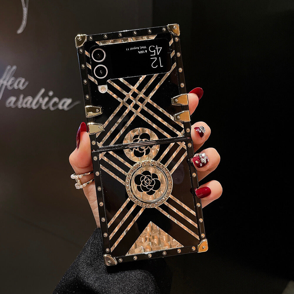 Luxury Brand Black Rose Flower Stripe Glitter Gold Lanyard for Samsung Galaxy Z Flip4 Flip3 Samsung Cases