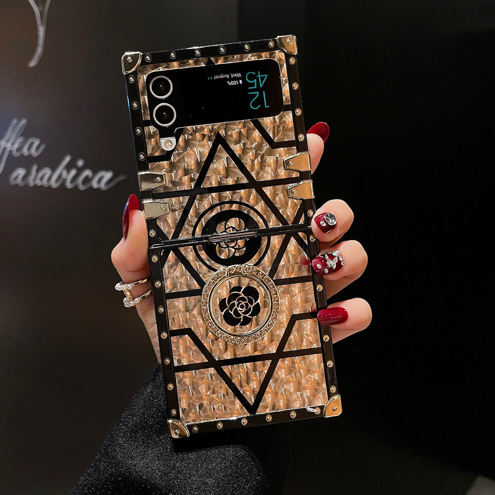 Luxury Brand Black Rose Flower Stripe Glitter Gold Lanyard for Samsung Galaxy Z Flip4 Flip3 Samsung Cases
