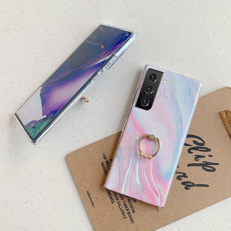 Laser Marble Pattern Ring Holder Protective Cover For Samsung S22 S21 S20 S10 Note20 Note10 A72 A52 A42 A32 Samsung Cases