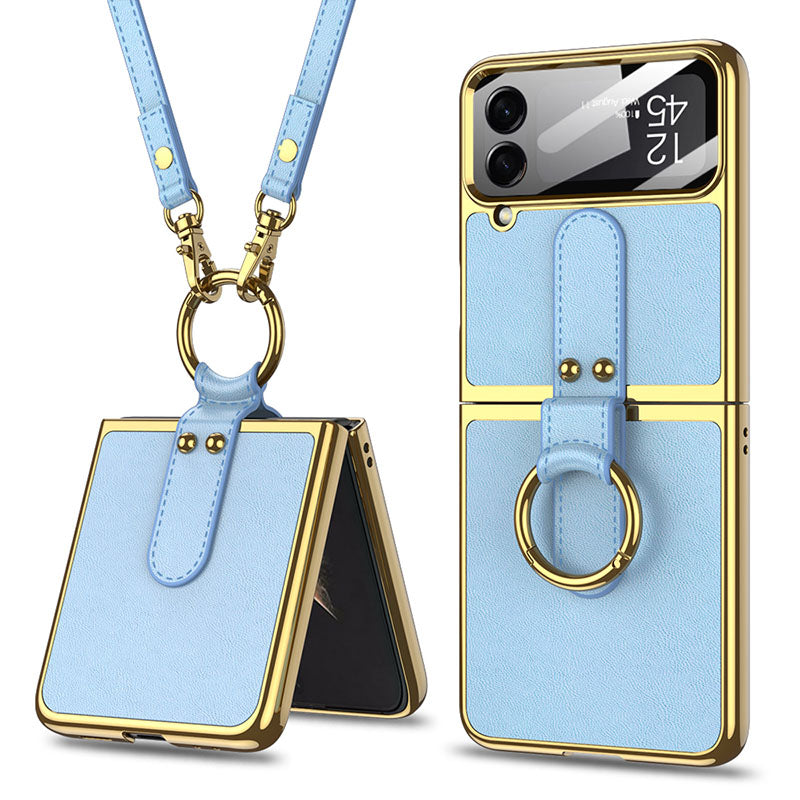 Luxury Leather Back Screen Tempered Glass Hard Frame Cover For Samsung Z Flip4 Flip3 5G With Lanyard Samsung Cases
