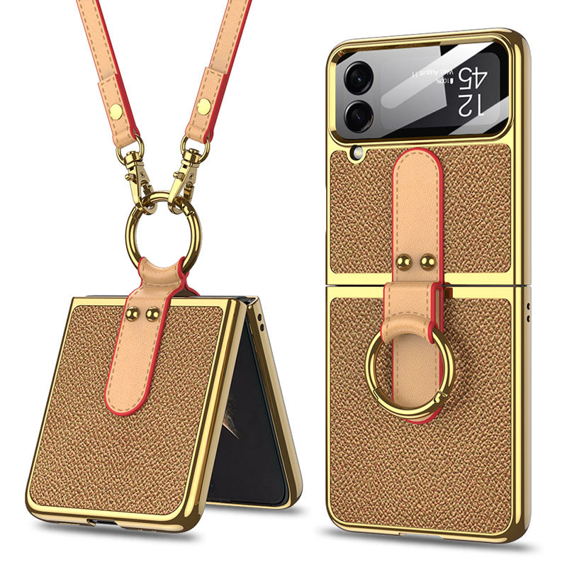 Luxury Leather Back Screen Tempered Glass Hard Frame Cover For Samsung Z Flip4 Flip3 5G With Lanyard Samsung Cases