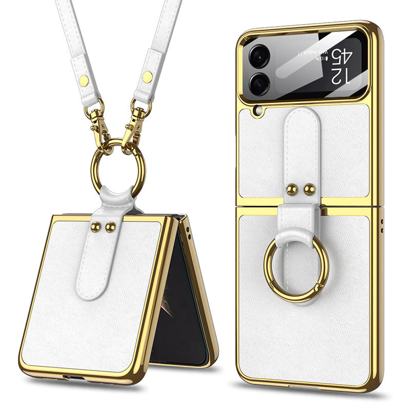 Luxury Leather Back Screen Tempered Glass Hard Frame Cover For Samsung Z Flip4 Flip3 5G With Lanyard Samsung Cases