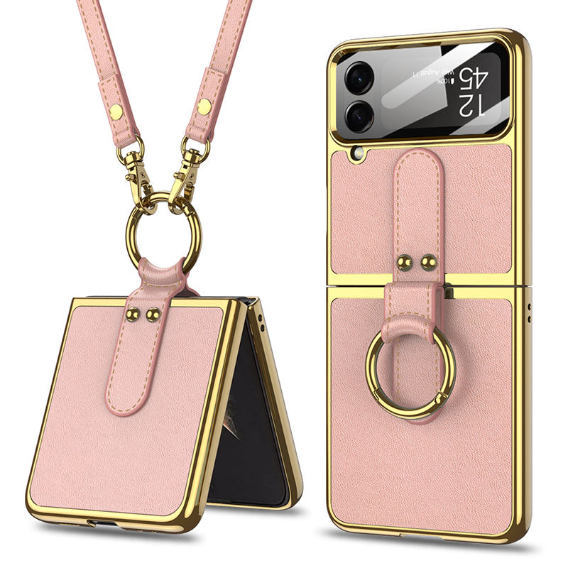 Luxury Leather Back Screen Tempered Glass Hard Frame Cover For Samsung Z Flip4 Flip3 5G With Lanyard Samsung Cases