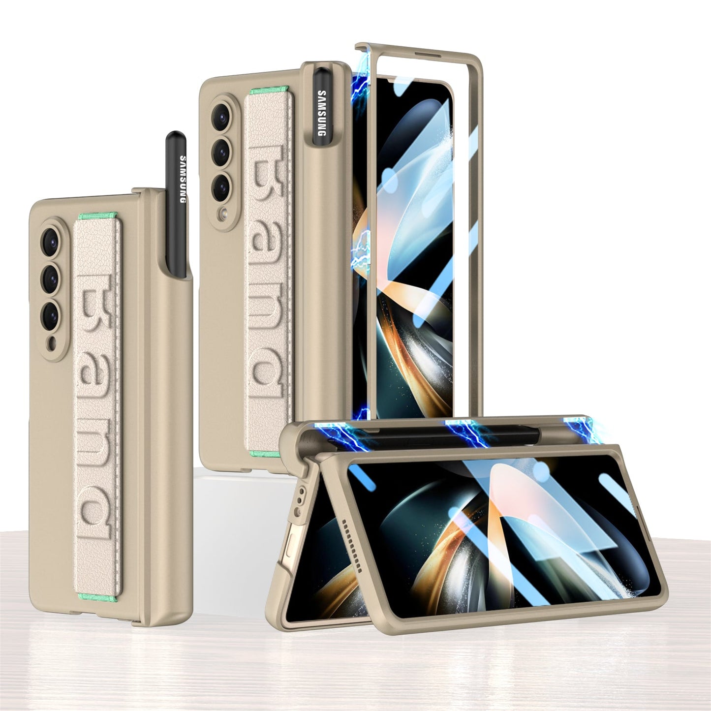 Magnetic Hinge S Pen Slot Luxury Wristband Holder Phone Case For Samsung Galaxy Z Fold4 Fold3 5G Case With Back Screen Glass Protector Samsung Cases