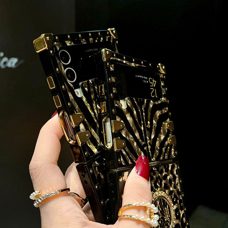 Luxury Leopard Pattern Stripe Glitter Gold Square Case For Samsung Galaxy Z Flip4 Flip3 5G Samsung Cases