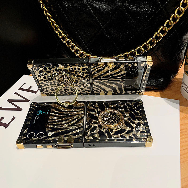 Luxury Leopard Pattern Stripe Glitter Gold Square Case For Samsung Galaxy Z Flip4 Flip3 5G Samsung Cases