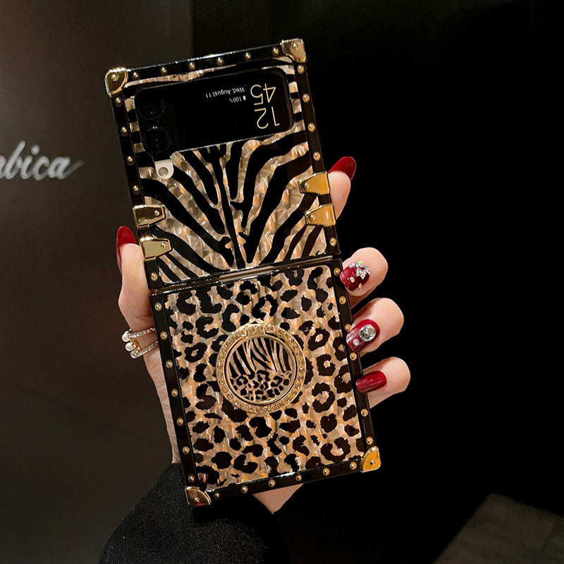 Luxury Leopard Pattern Stripe Glitter Gold Square Case For Samsung Galaxy Z Flip4 Flip3 5G Samsung Cases