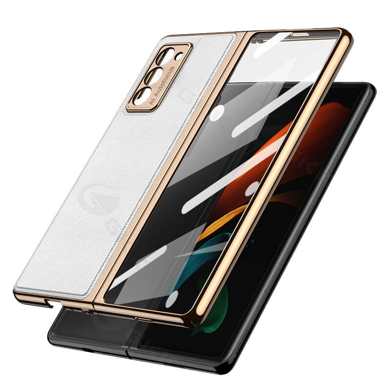Luxury Leather Carbon Fiber Plating Case For Samsung Galaxy Z Fold3 Fold2 With Tempered Glass Screen Samsung Galaxy Z Fold 3 Case