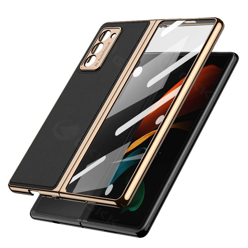 Luxury Leather Carbon Fiber Plating Case For Samsung Galaxy Z Fold3 Fold2 With Tempered Glass Screen Samsung Galaxy Z Fold 3 Case