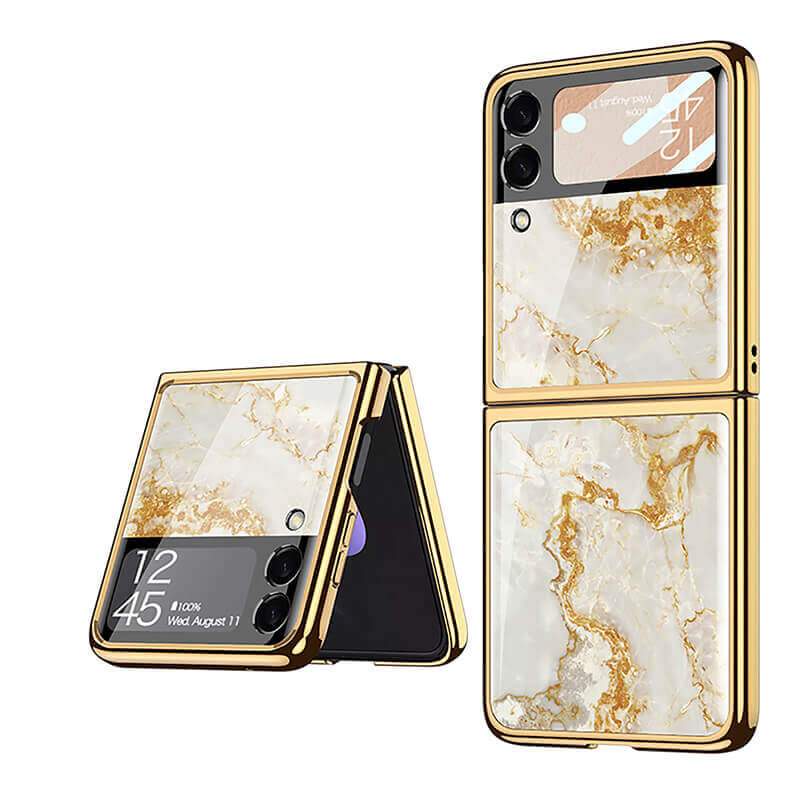 Marble Luxury Plating Frame Anti-knock Protection Glass Case For Samsung Galaxy Z Flip3 Samsung Galaxy Z Flip 3 Case